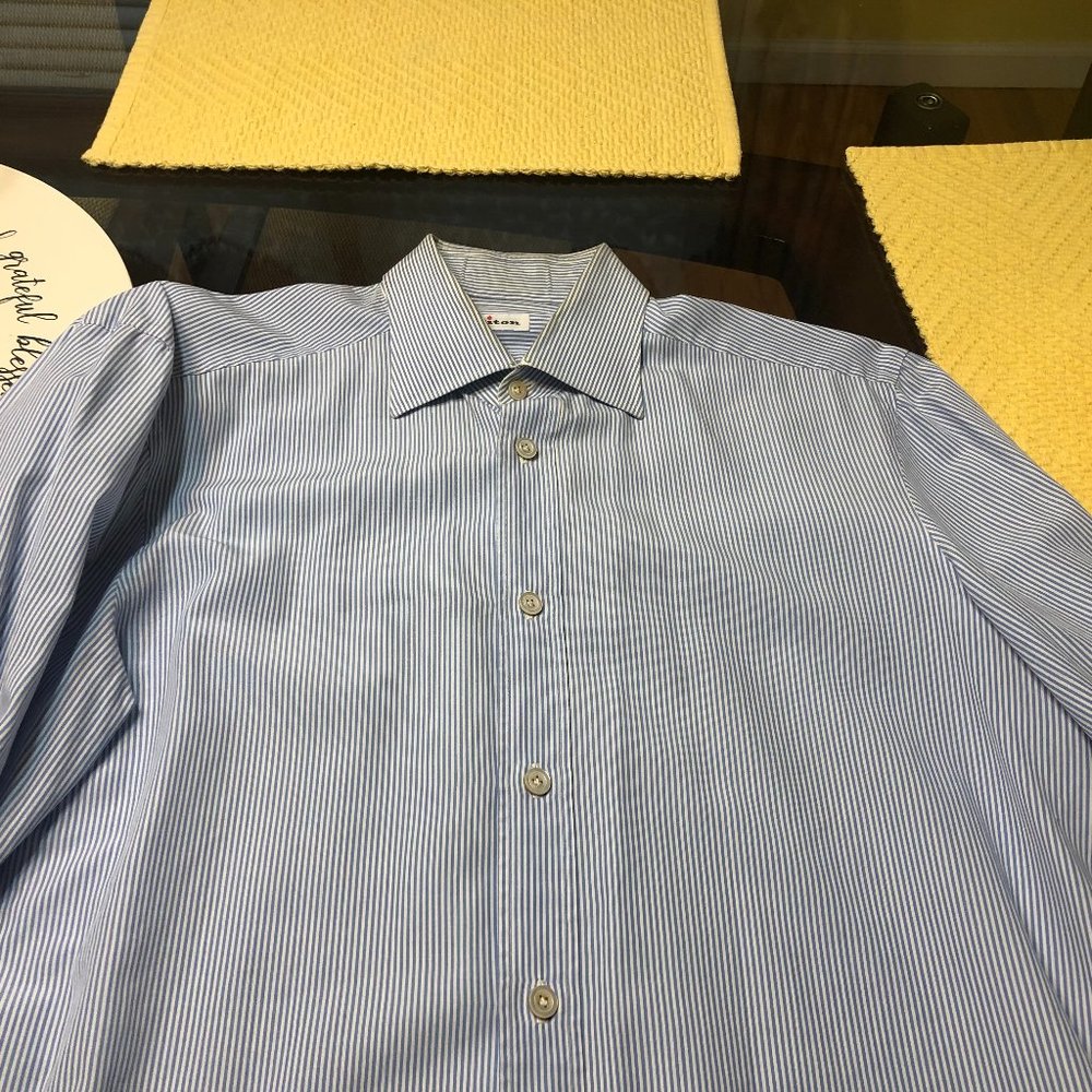 Kiton Men's Dress Shirt Size 16/41 Blue/White Long Sleeve Striped Italian Cotton